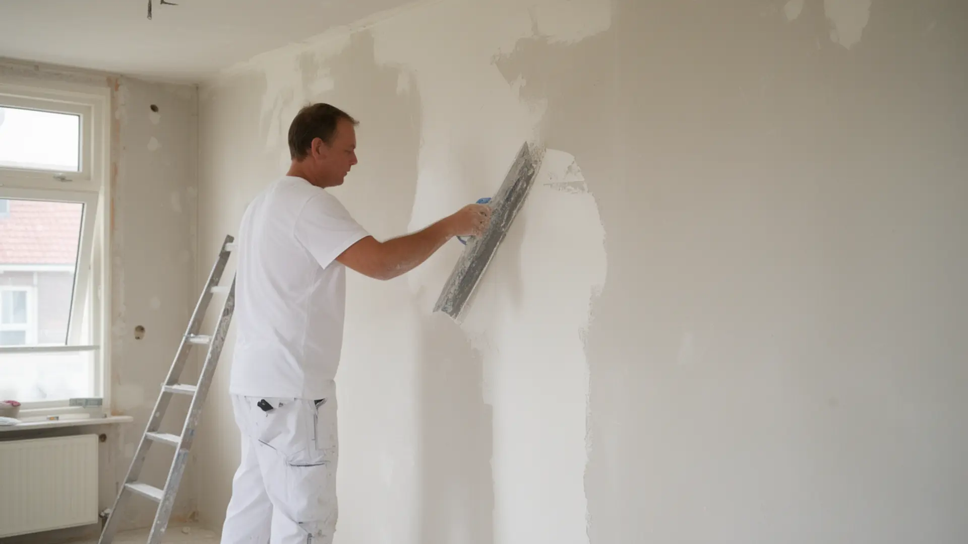 Stukadoor stuct een wand in een Nederlandse woning